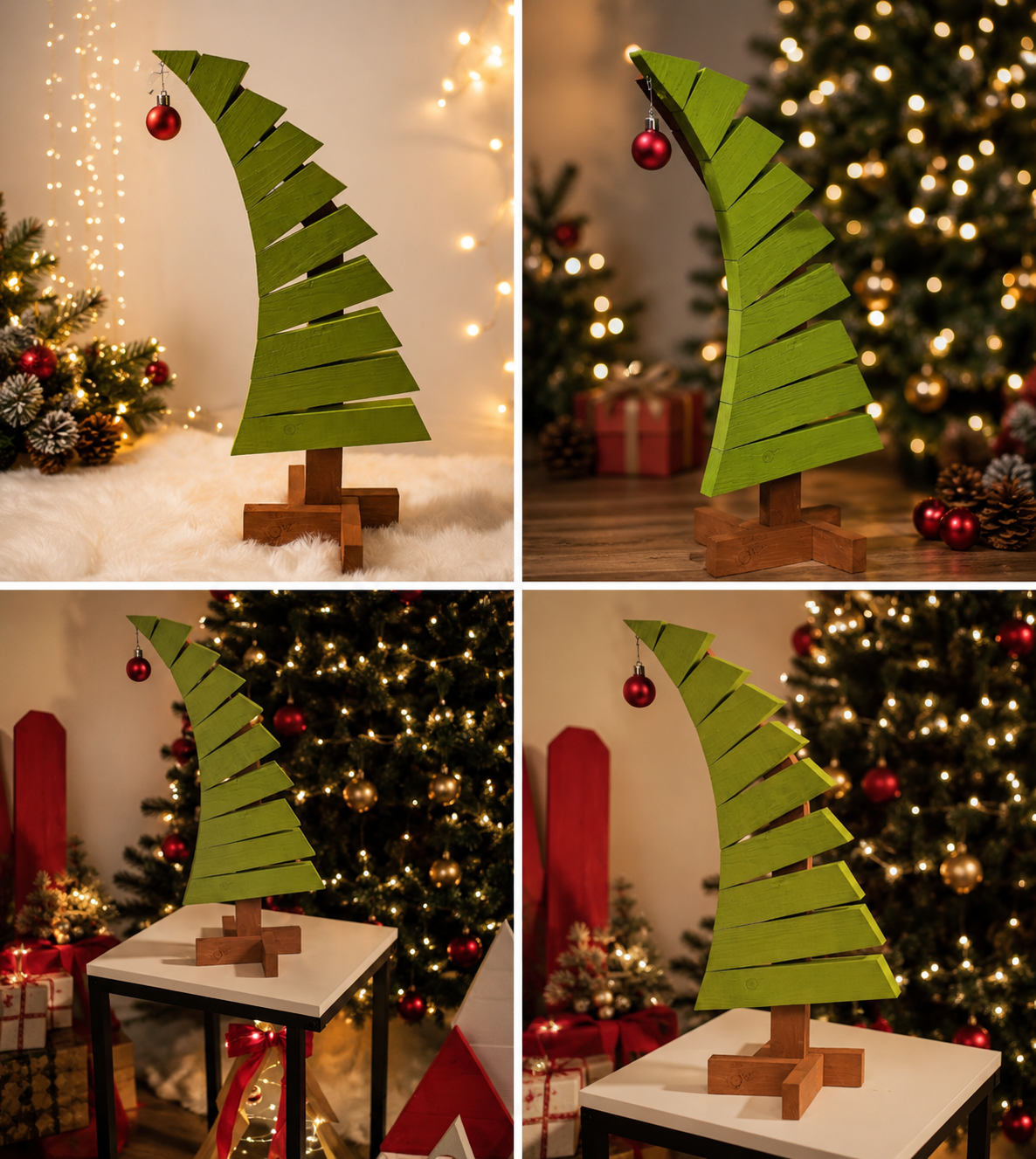 Four-view collage of the green curved wooden Christmas tree with red ornament and wooden base