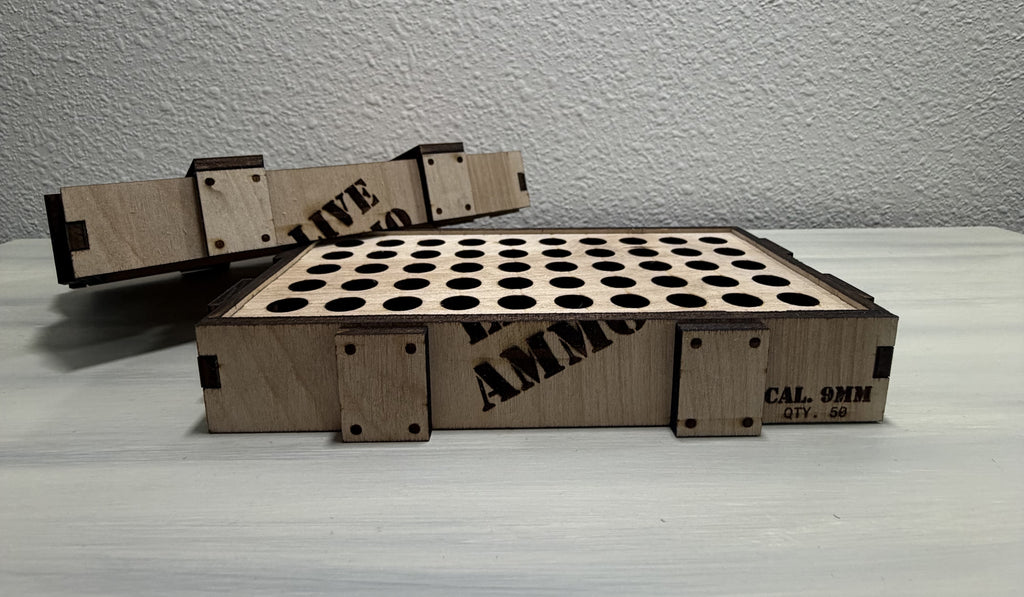 Open wooden crate showing its empty 5 by 10 insert with 50 individual positions and removable lid.