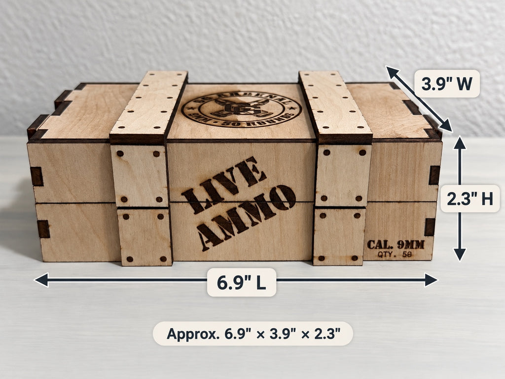 Wooden crate dimension graphic showing approximately 6.9 inches long, 3.9 inches wide and 2.3 inches high.