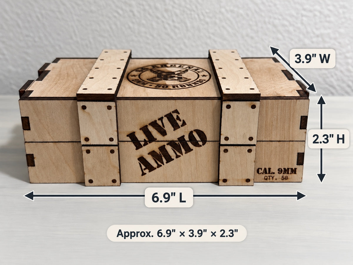 Wooden crate dimension graphic showing approximately 6.9 inches long, 3.9 inches wide and 2.3 inches high.