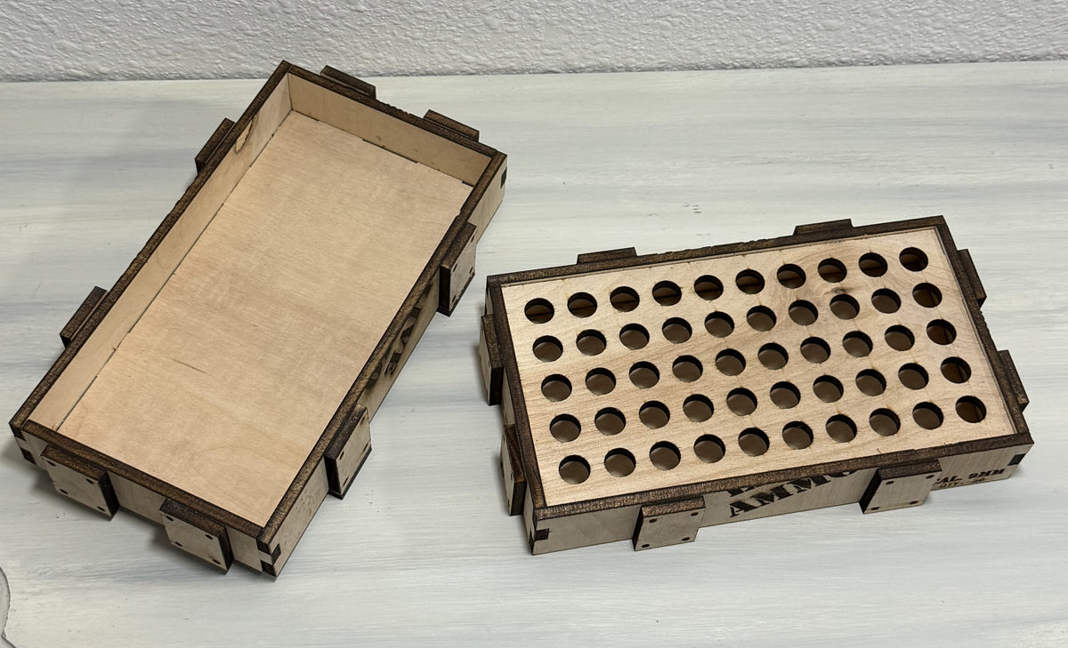 Removable wooden lid separated from the empty crate base and 50-position insert.