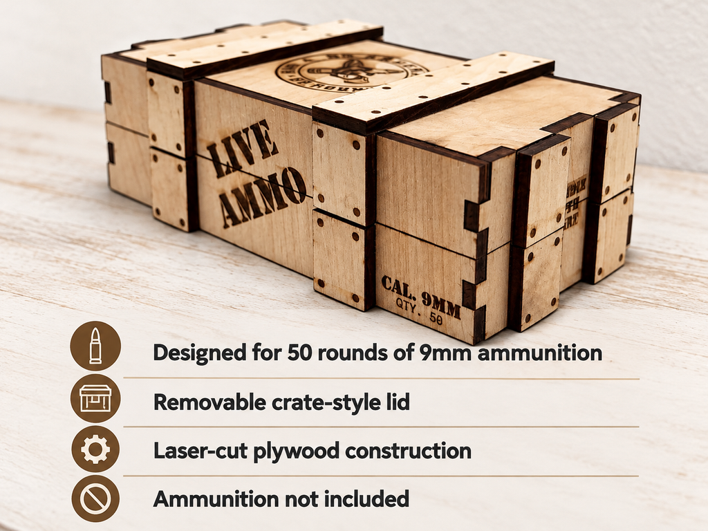Handmade 9mm Ammo Crate, 50-Round Wooden Display Box, Personalized Lid Option