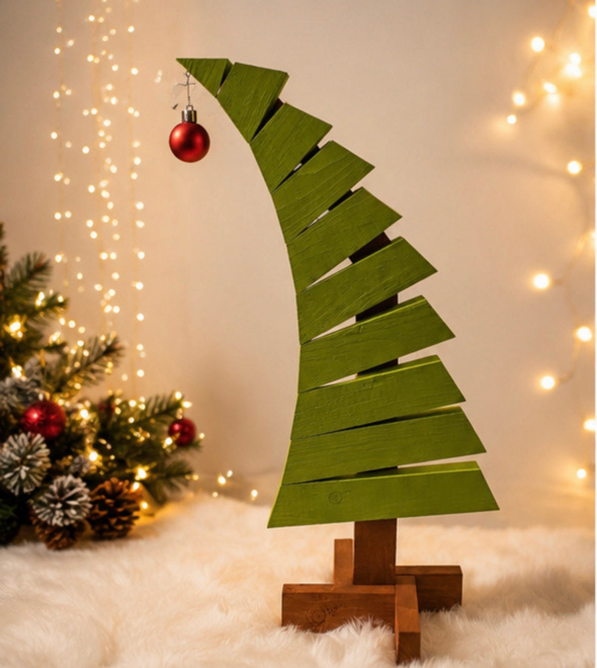 Green curved wooden Christmas tree with a hanging red ornament and wooden base in a holiday display