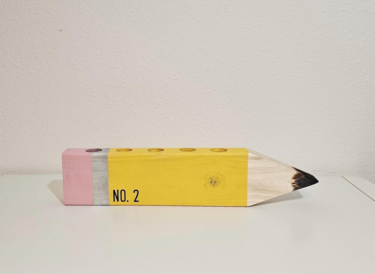Hand-painted yellow pencil desk organizer with five storage holes